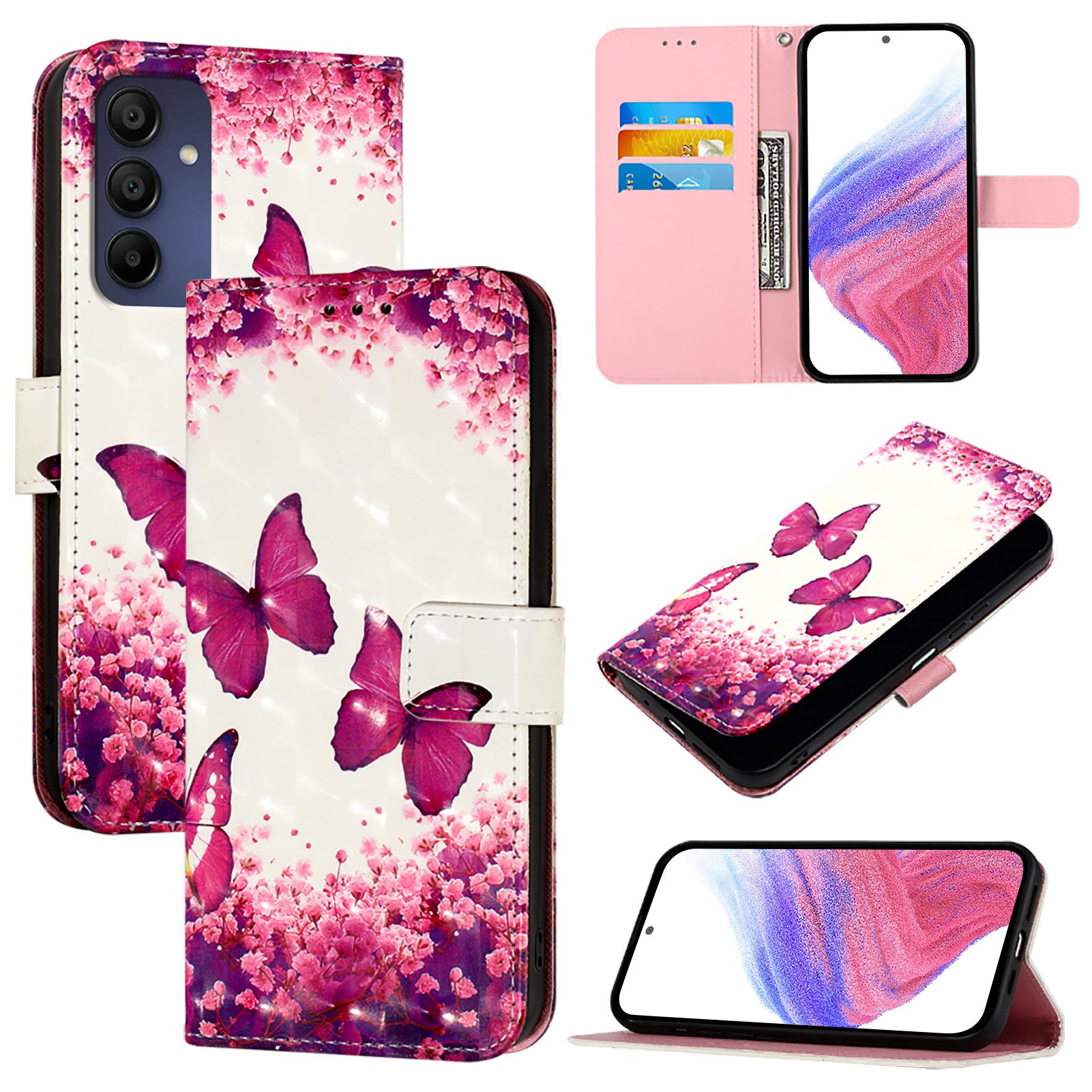 For Samsung Galaxy A16 5G / A16 4G Leather Case YB Pattern Printing Leather Series-2 Pattern Printing Wallet Stand Cover - Rose Butterflies For Samsung Galaxy A16 5G / A16 4G Leather Case YB Pattern Printing Leather Series-2 Pattern Printing Wallet Stand Cover - Rose Butterflies